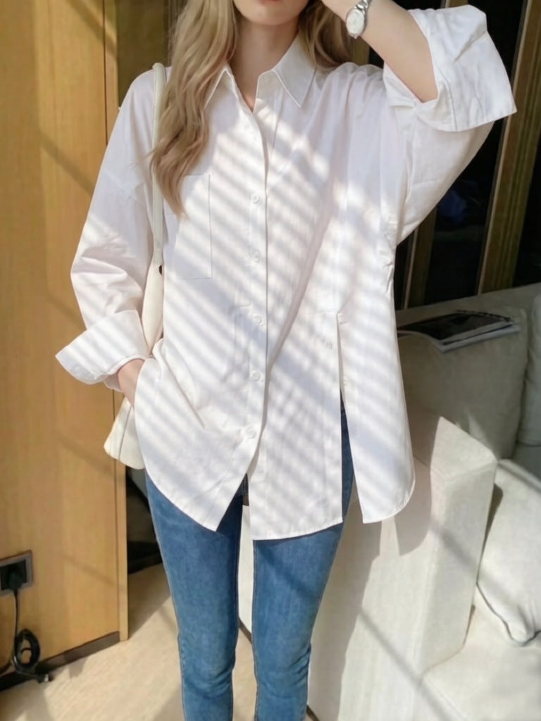 Women's Solid Color Drop Shoulder Button Side Slit Shirt
