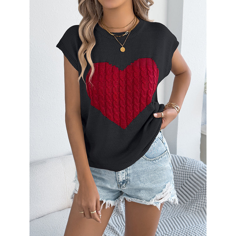 Women’s Heart Color Block Knit Top – Casual Sleeveless Valentine Tank