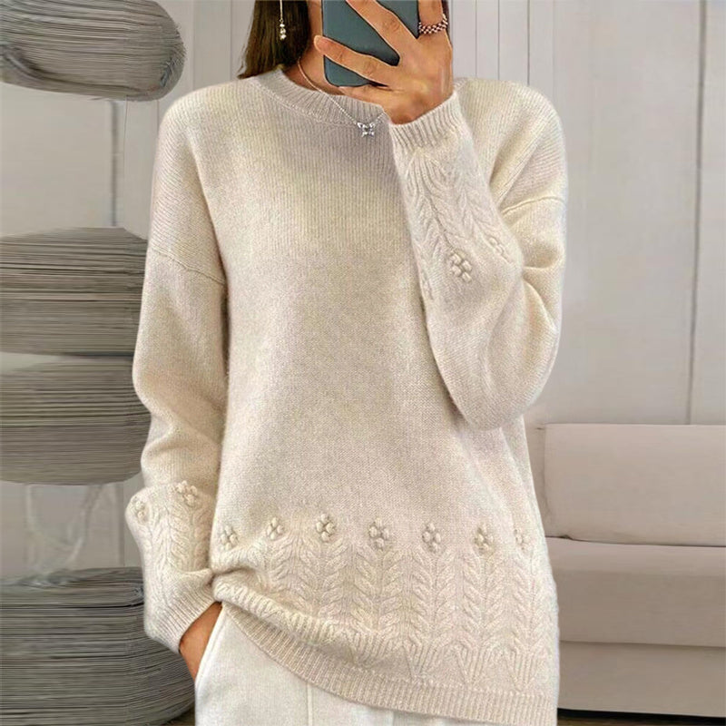 Women's Solid Color 3D Floral Embroidered Sweater