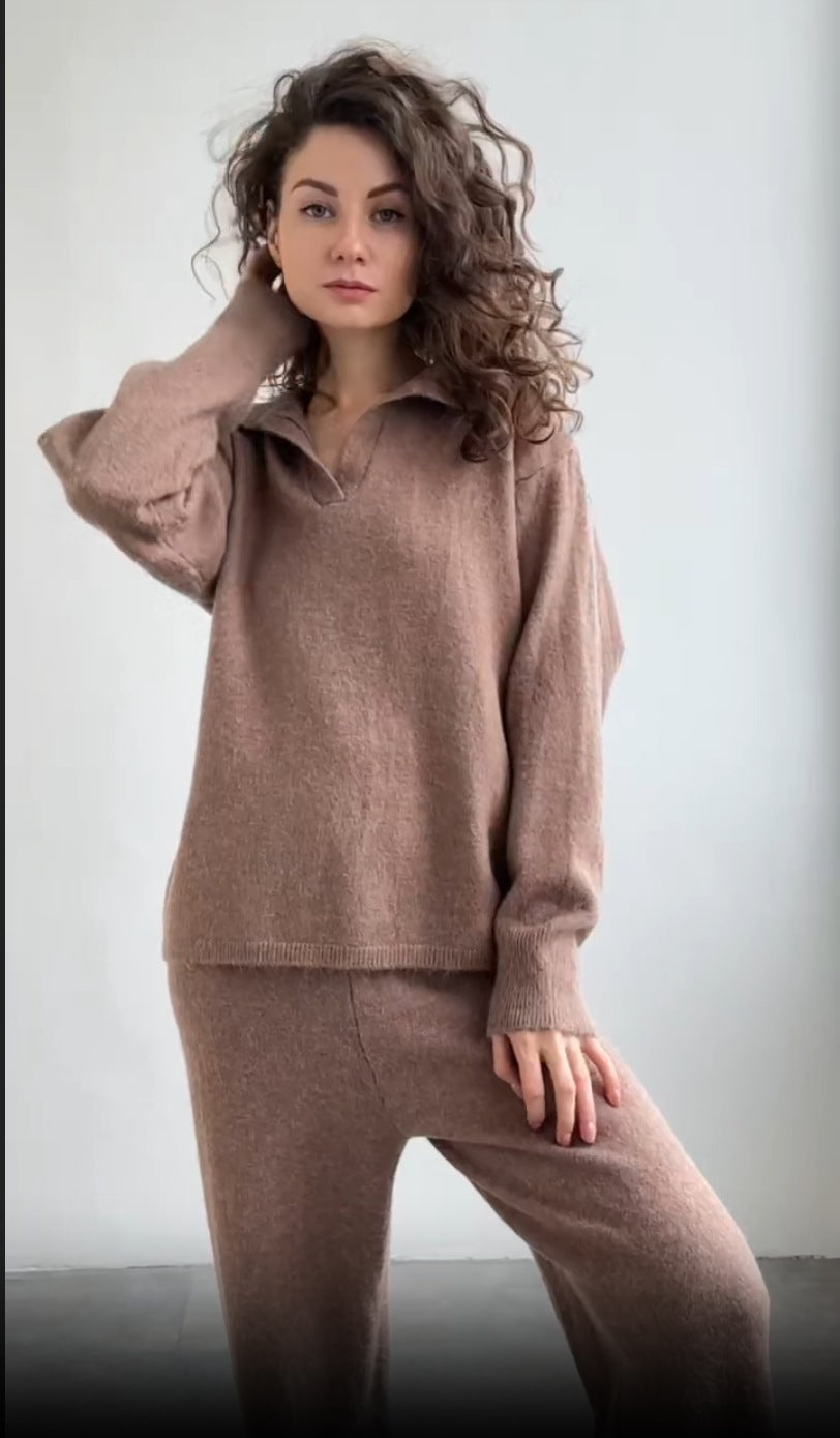 Solid Color Lapel Sweater Set for Women