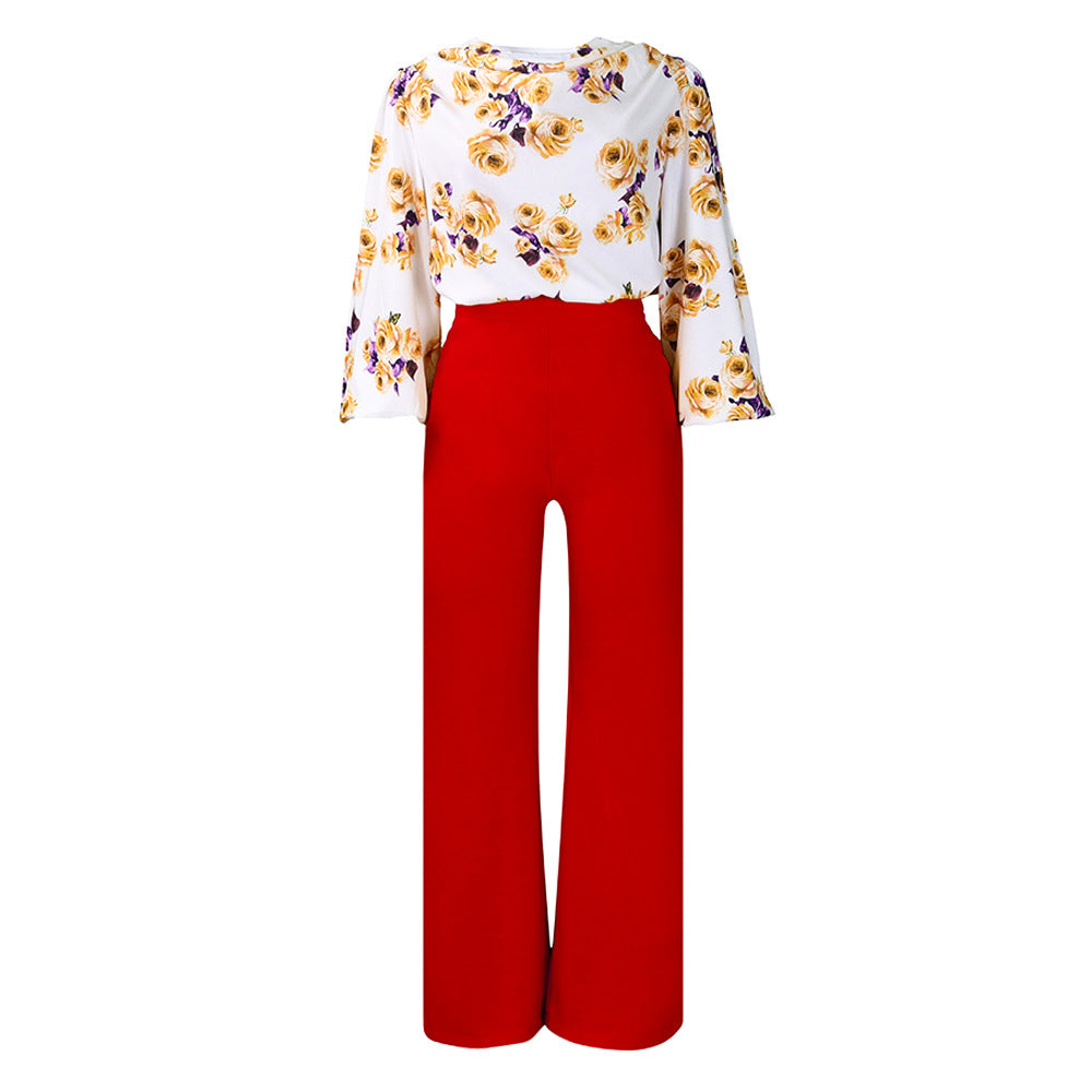 Printed Floral Lace-Up Top & Wide-Leg Pants Set – 4 Colors, S–3XL