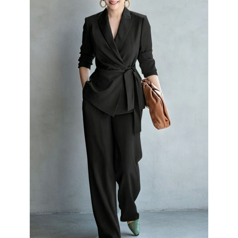 Women's Belted Blazer Wrap Top & Wide-Leg Trousers Suit Set