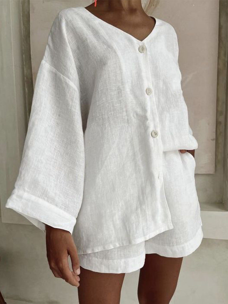 Women's Cotton Linen Shirt & Shorts Set – Long Sleeve, Button, Casual 2-Piece