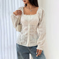 Women’s Square Neck Eyelet Lace Blouse – Puff Sleeve Hollow-Out Button Top
