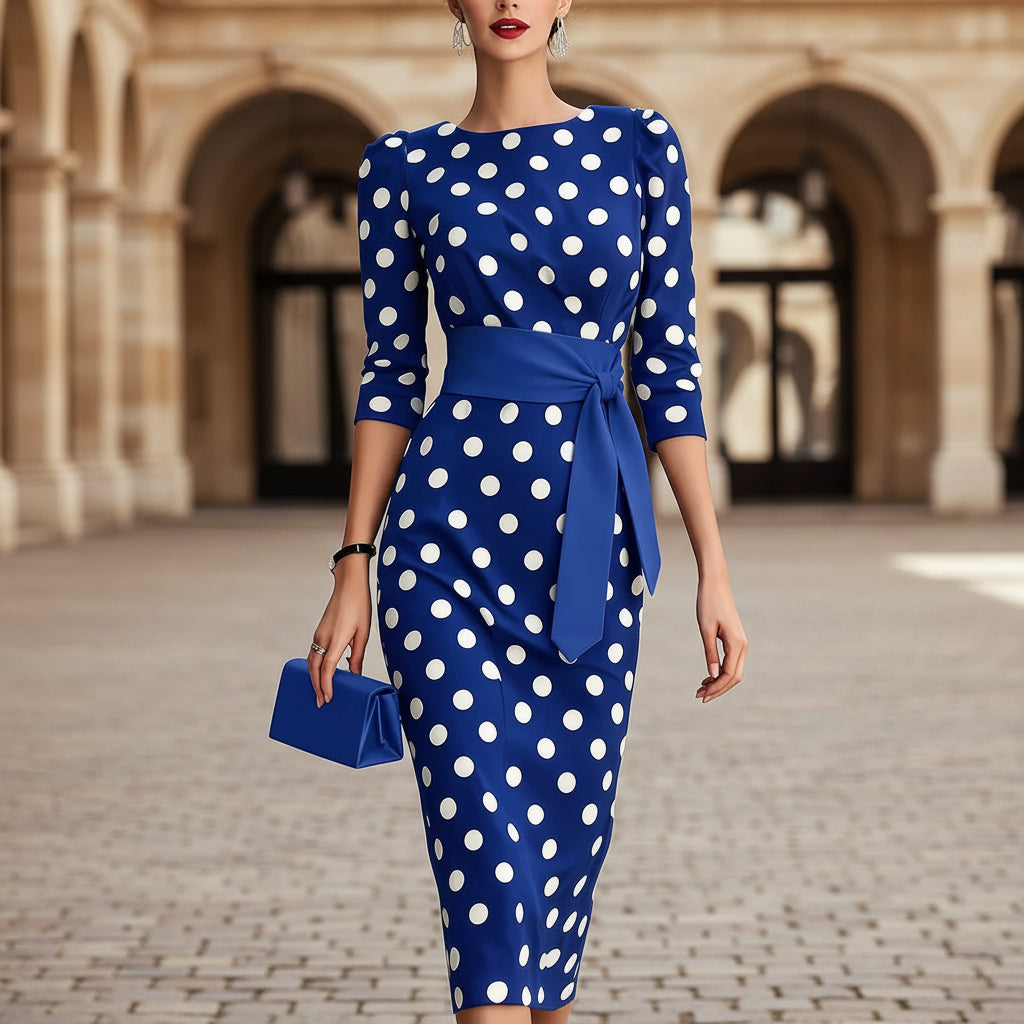 Women's Retro Polka-Dot Bodycon Midi Dress – Belted Cross-Tie