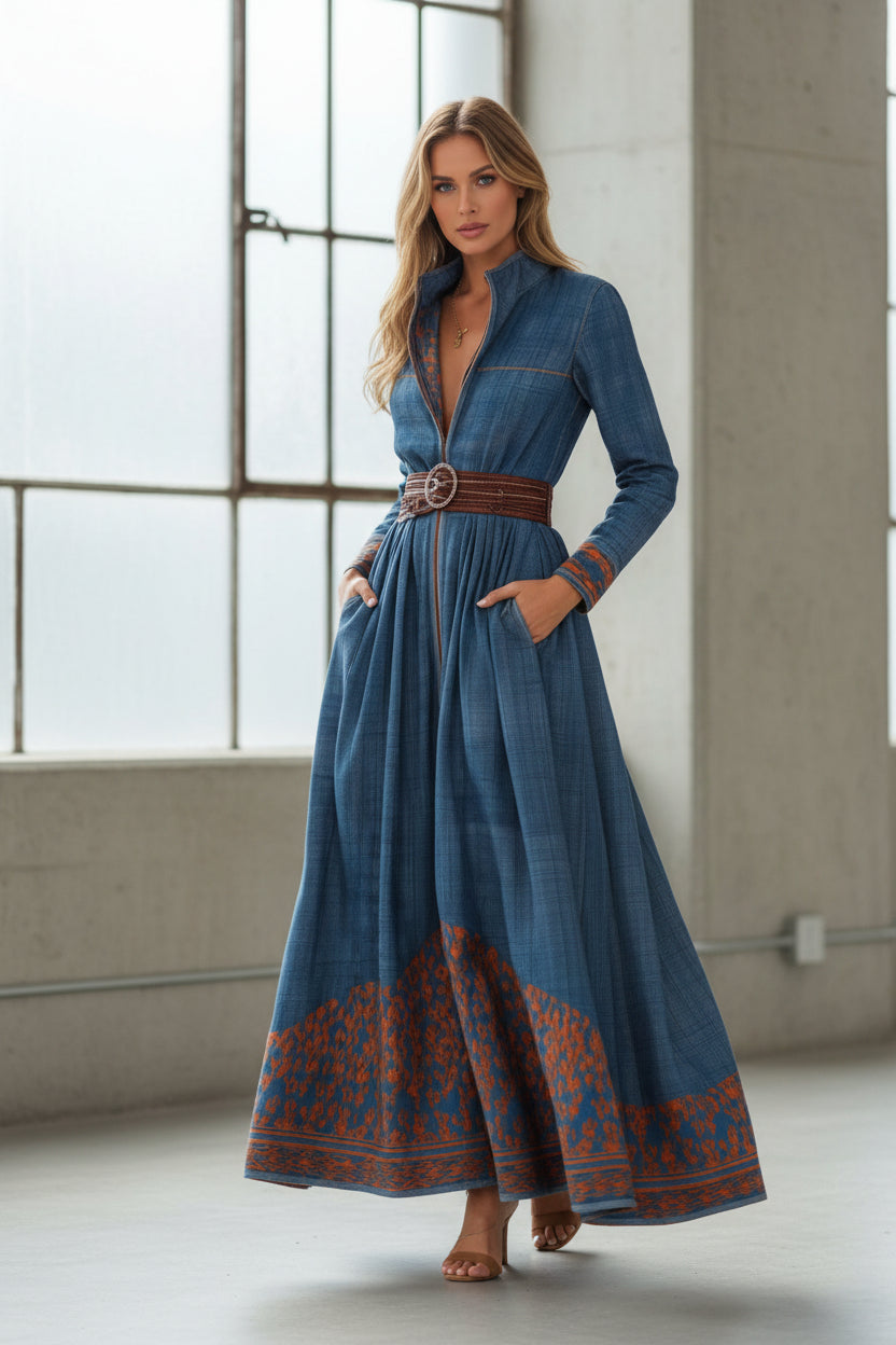 Color-Blocked Floral Patterned Stand Collar Long Dress