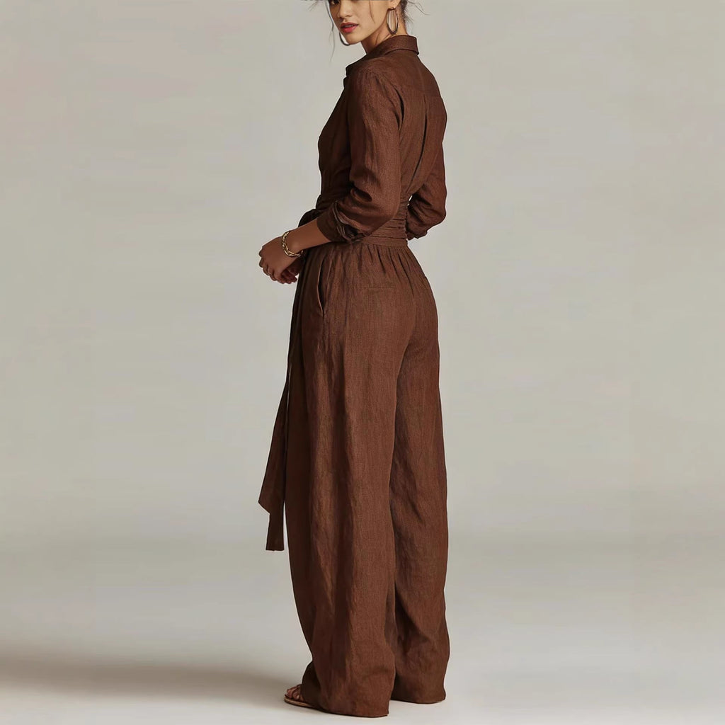 Women's Collar Long Sleeve Top & High-Waist Pants Two-Piece Set – 5 Colors