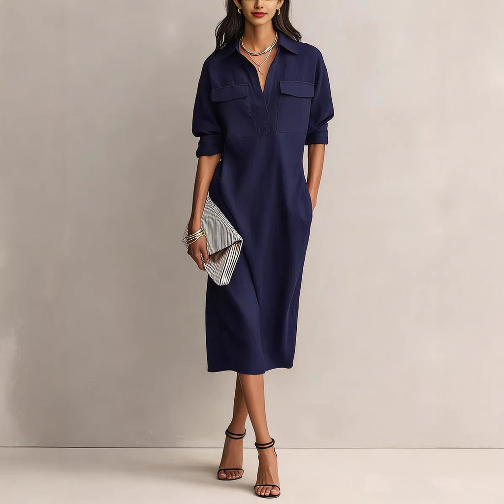 Women's Solid Color Pleated A-Line Midi Dress | Elegant Office Casual Shirt Collar Dress