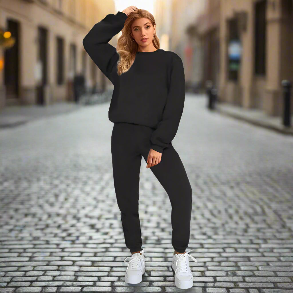 👚 Women's Solid Color Round Neck Pullover Sweatshirt & Pants Set
