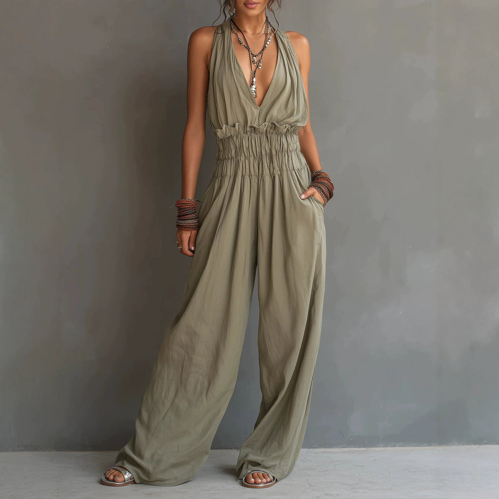 Women's V-Neck Halter Jumpsuit – Sleeveless Open Back Waist-Cinching