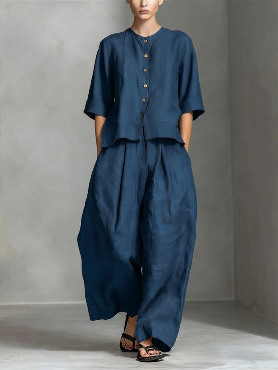 Three-Quarter Sleeve Shirt & Loose Trousers Two-Piece Set
