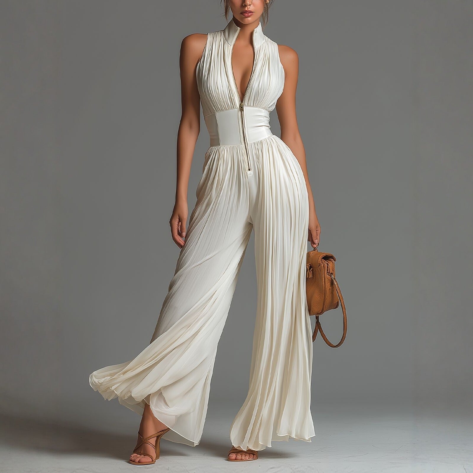Pleated Wide-Leg Jumpsuit for Women – Sleeveless High-Waist Minimalist Long Jumpsuit