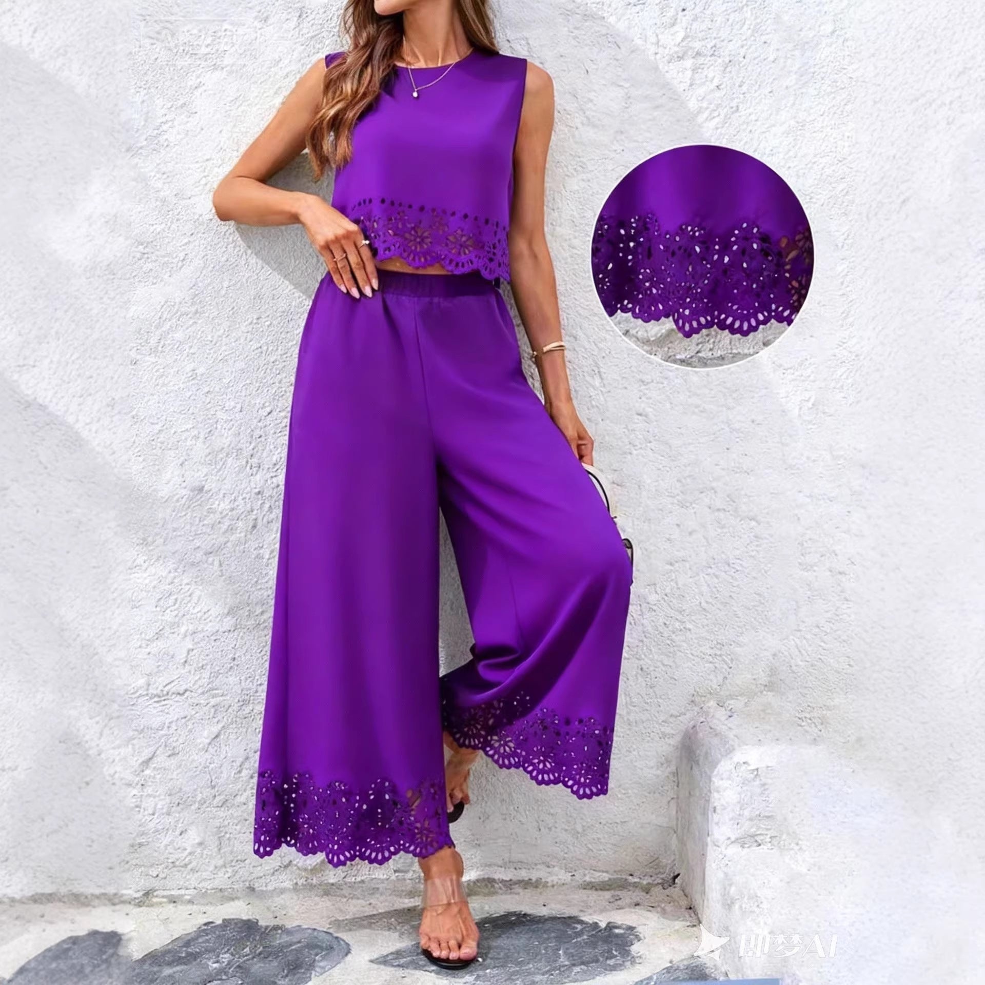 Women's Resort-Style Hollow-Out Tank Top & Pants Set – 2-Piece with Pockets