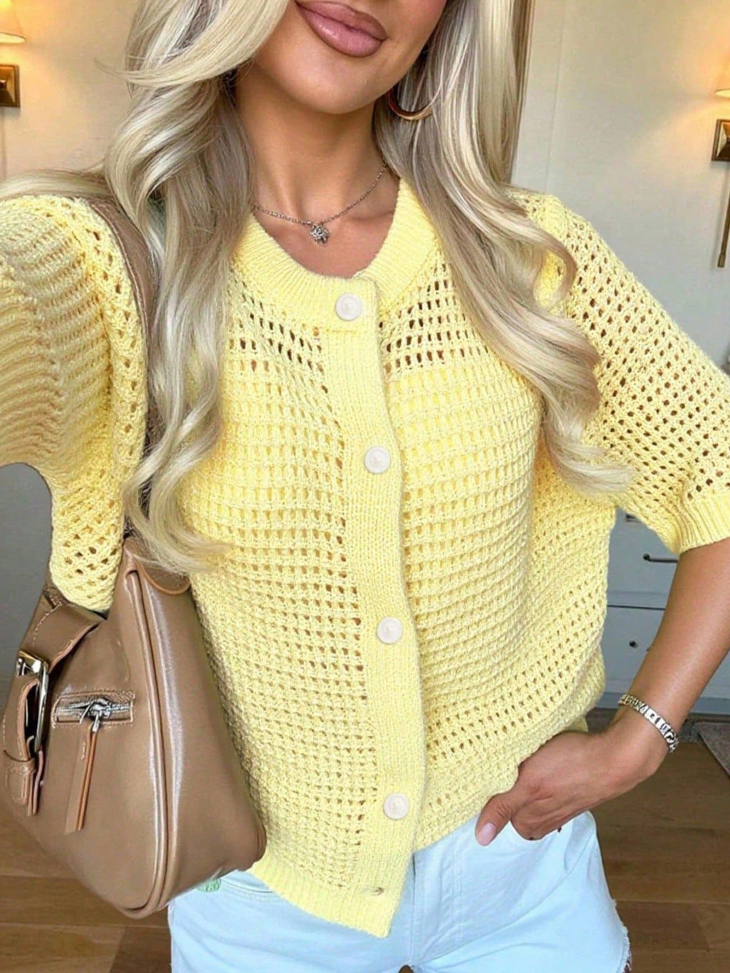 Women's Hollow-Out Knit Cardigan – Open Front, Short Sleeve, Solid Color