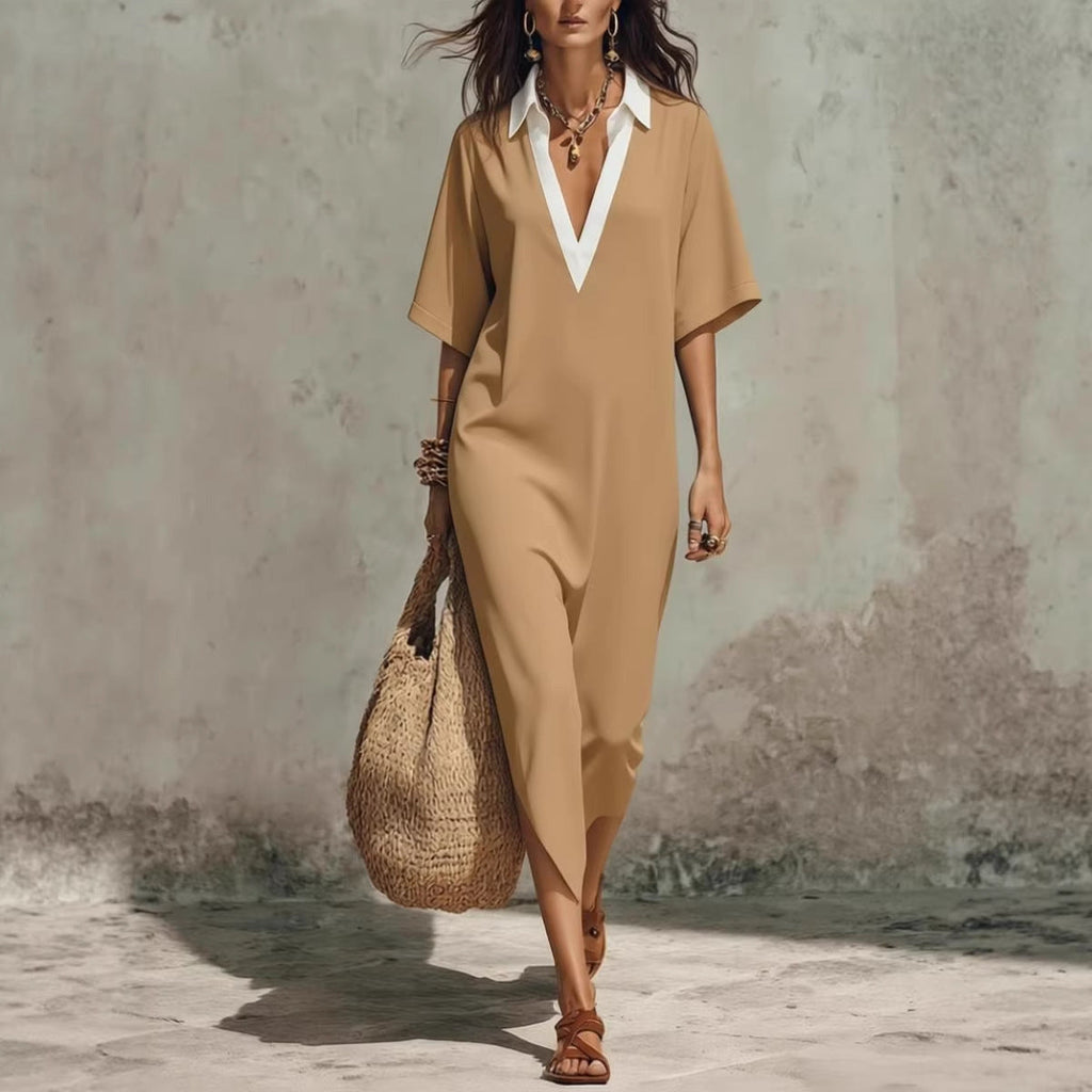 Women's V-Neck Loose Cropped-Sleeve Linen Midi Dress with Pockets