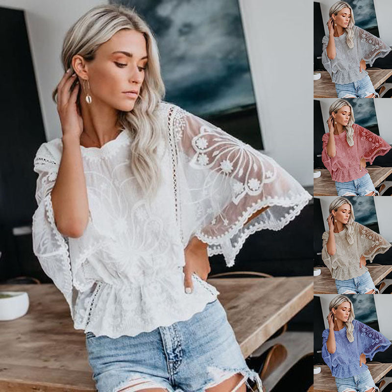Women’s Lace Trim Top Short Sleeve Batwing Shirt