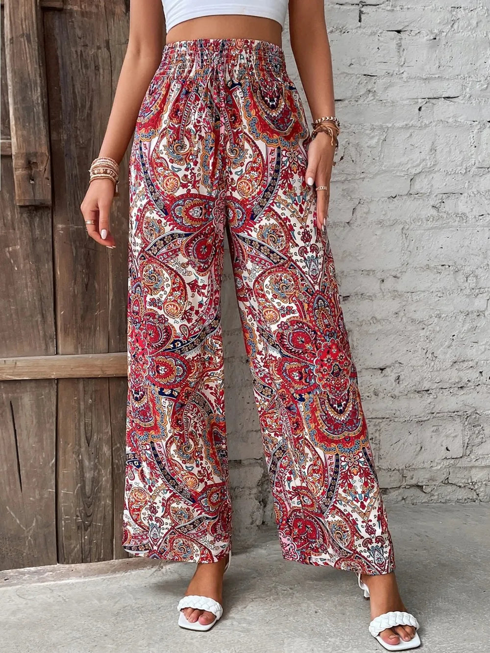 Women's Paisley Print Wide-Leg Pants – Boho Smocked Elastic Waist Tie-Up Flowy Trousers