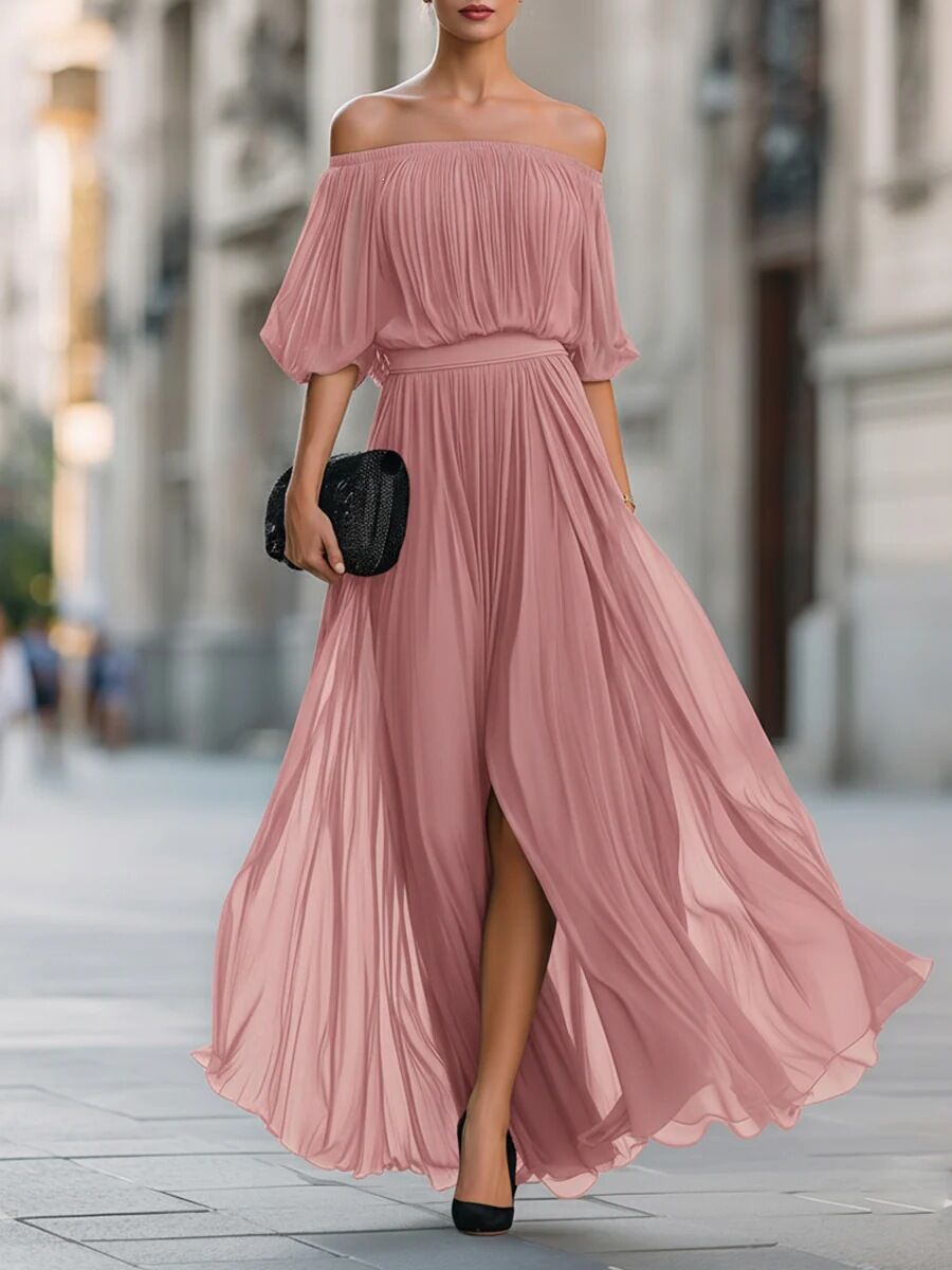 Women's One-Shoulder Ruffle Sleeve Chiffon Maxi Dress | Side Split High Waist Dress in 3 Colors