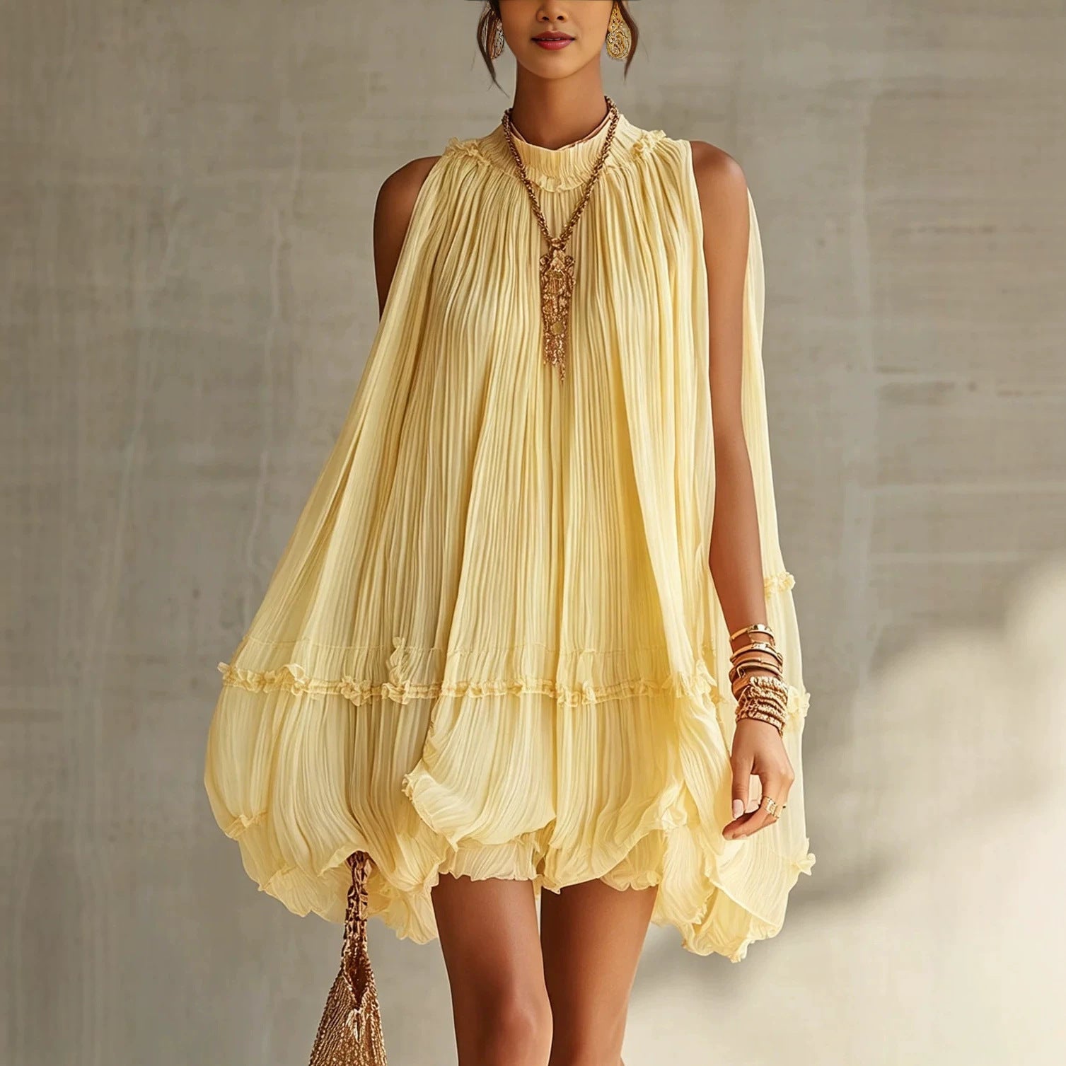 Women's Sleeveless Pleated Puff Skirt A-Line Mini Dress – Ruffled Hem Baby Doll