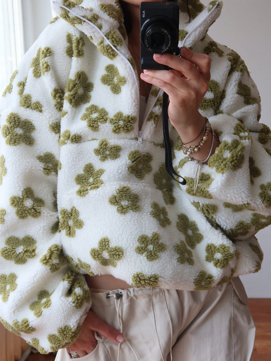 Winter Flowers Lambskin Sweatshirt Women | Cozy Zip-Up Pocket Pullover