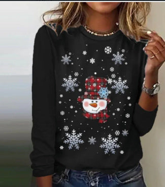 Snowman Printed Panel Loose Sweater – Casual Holiday Knit for Women