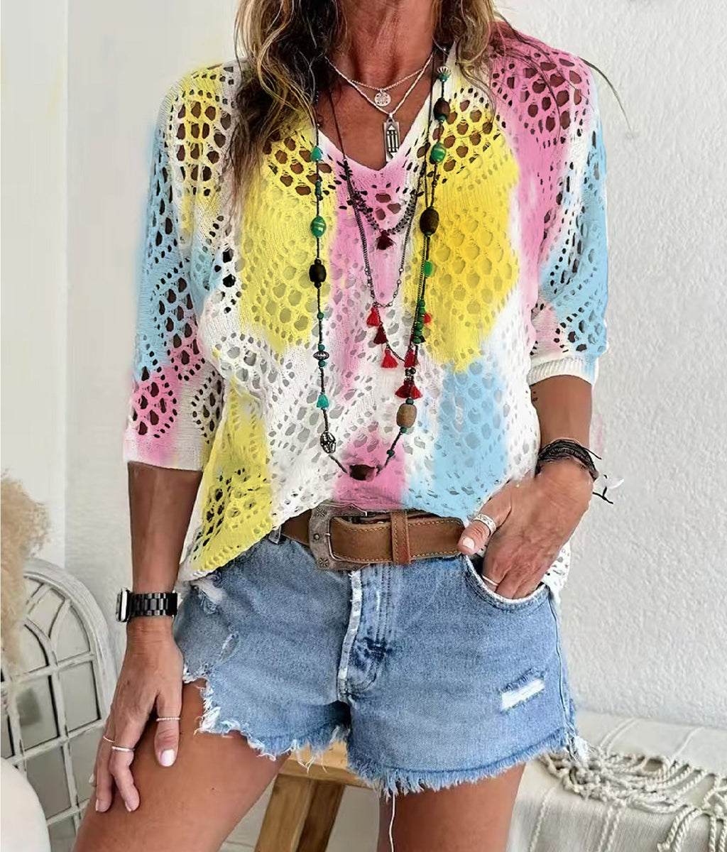 Women's Batwing-Sleeve Sweater – Hollowed-Out 3D Knitted Print Relaxed Fit