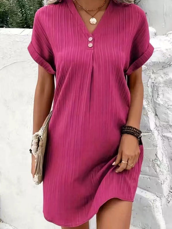 Button-Front V-Neck Dress – Short Sleeve Solid Casual Shirt Dress