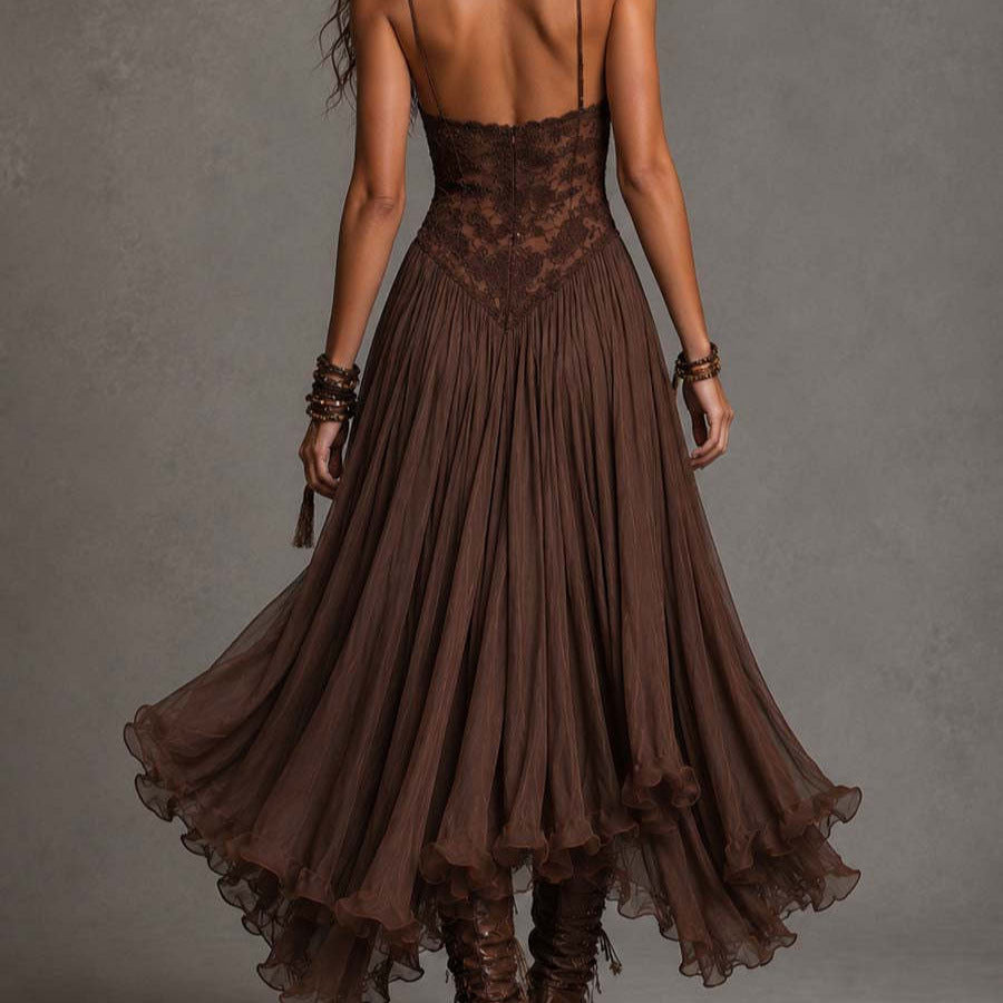 Chiffon V-Neck Backless Flowy Maxi Dress – Women's Elegant A-Line Long Dress