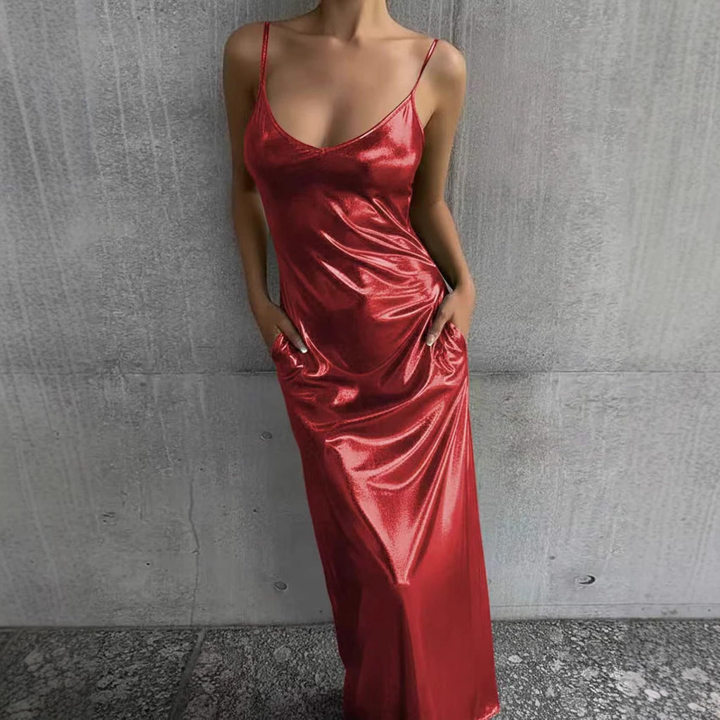 Textured Mirror-Finish U-Neck Slip Maxi Dress with Pockets