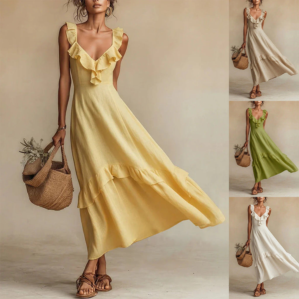 Sleeveless Ruffle Detail High-Waist Maxi Dress – 7 Colors, S–3XL