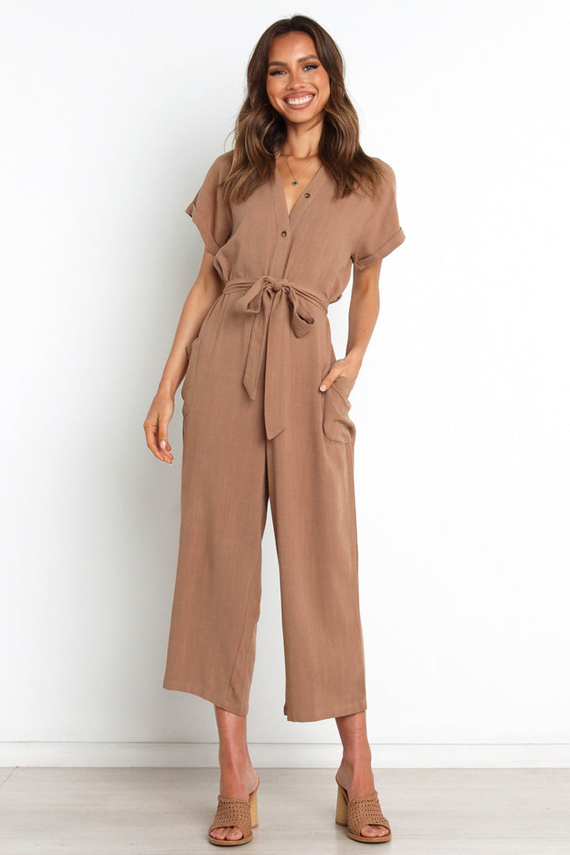 Women's V-Neck Cropped Wide-Leg Knit Jumpsuit