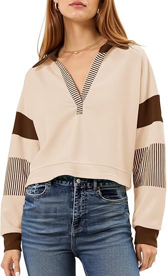 Color‑Block Cropped Polo V‑Neck Sweatshirt