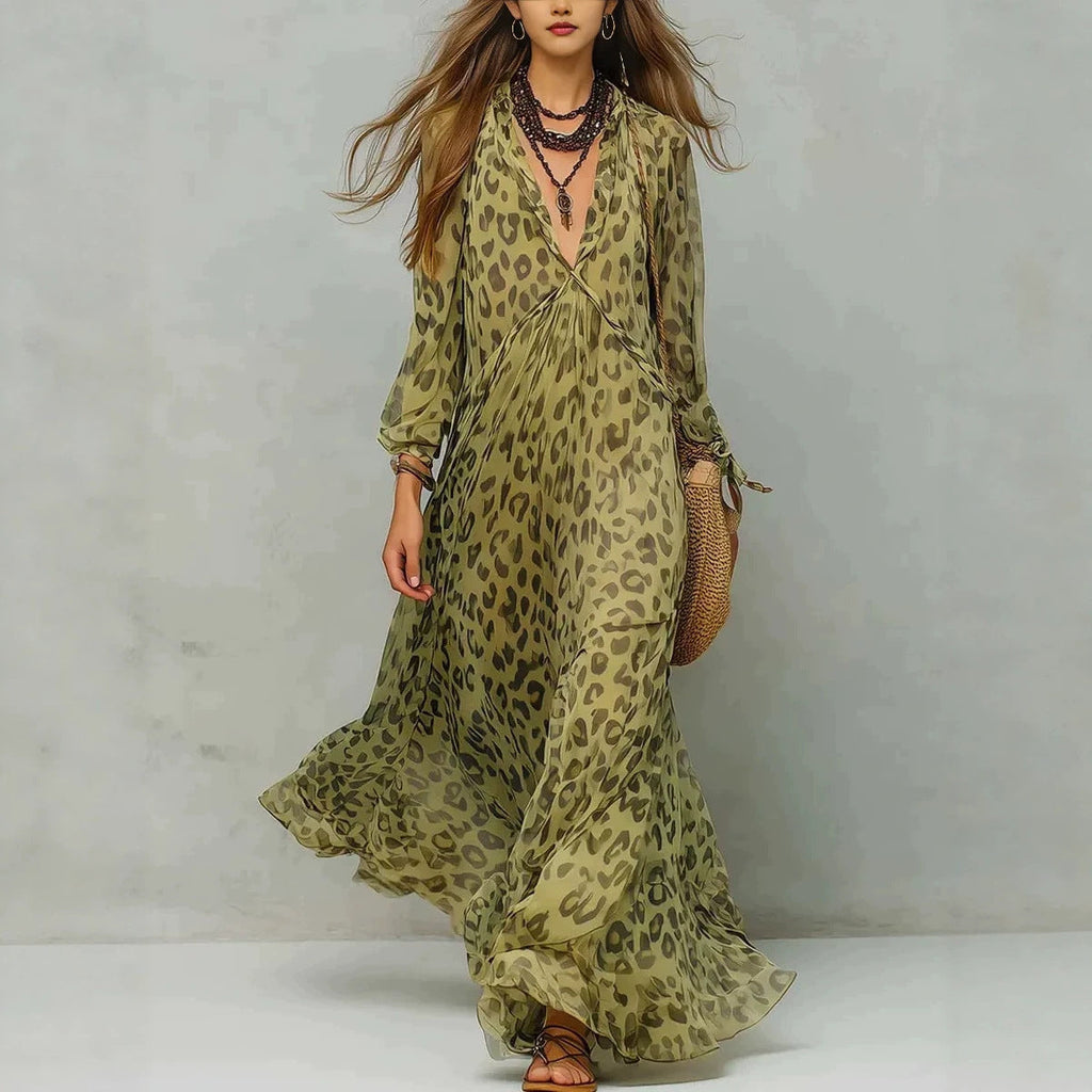 Women's Leopard Print Chiffon Deep V-Neck Flared Maxi Dress | Three-Quarter Sleeve Beach Vacation Dress