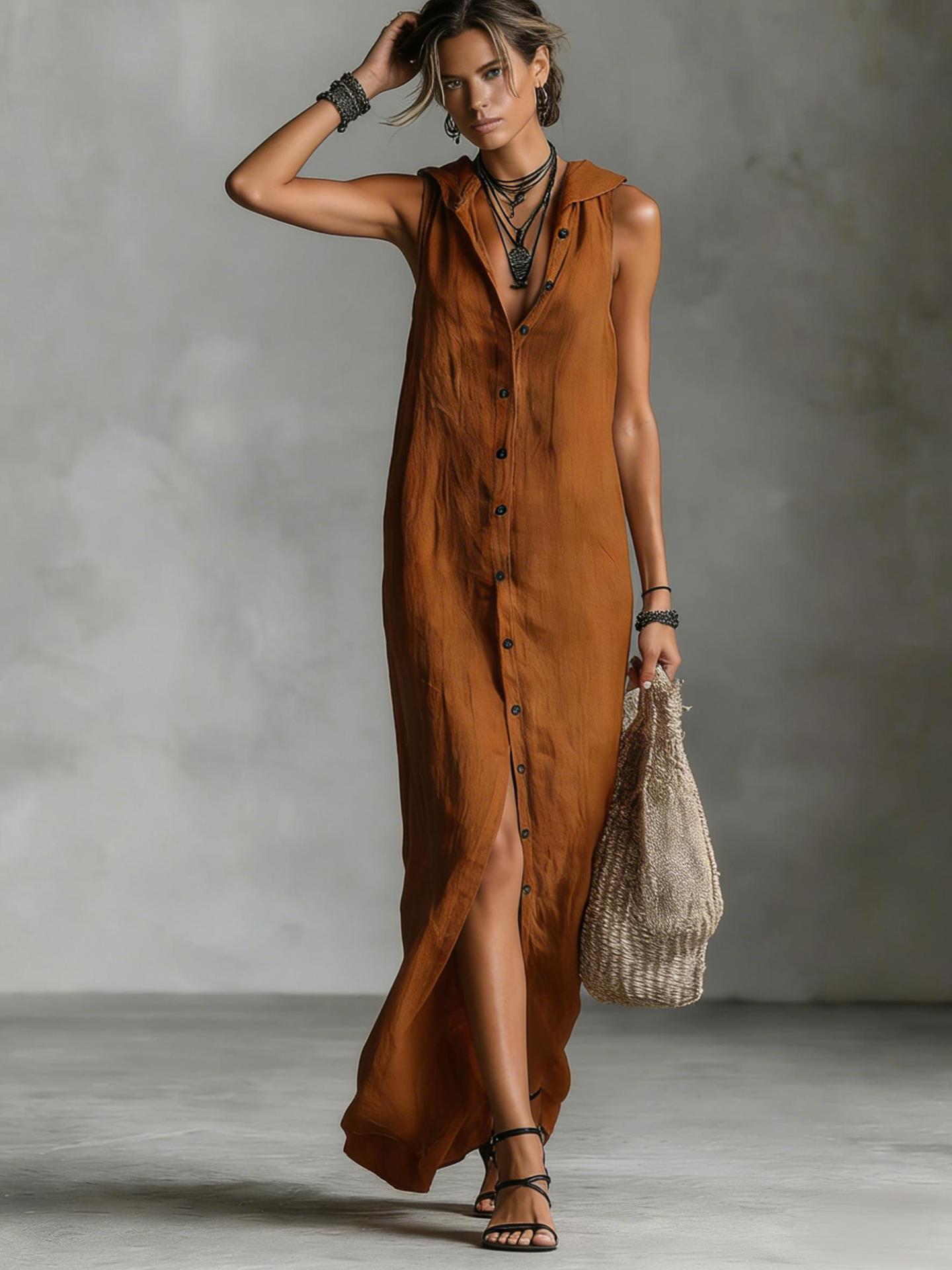 Women's Sleeveless Deep V-Neck Hooded Loose Maxi Dress – 6 Colors XS–3XL
