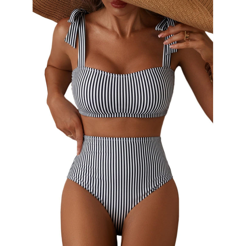 Tie-Shoulder Striped High-Waisted Bikini Set – Two-Piece Swimsuit for Women
