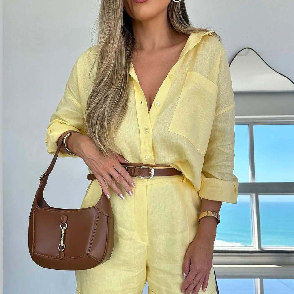 Women's Casual Long-Sleeve Shirt & Shorts Set – Cotton 2-Piece