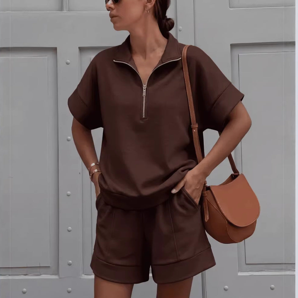 Women's Solid Color Sweatshirt Set – Casual 2-Piece Short Top & Pants