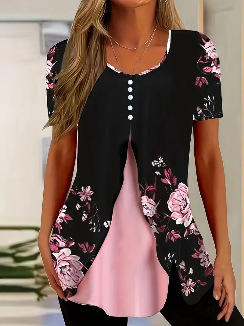 Women’s Printed Faux Two-Piece V-Neck Short Sleeve Top