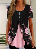 Women’s Printed Faux Two-Piece V-Neck Short Sleeve Top