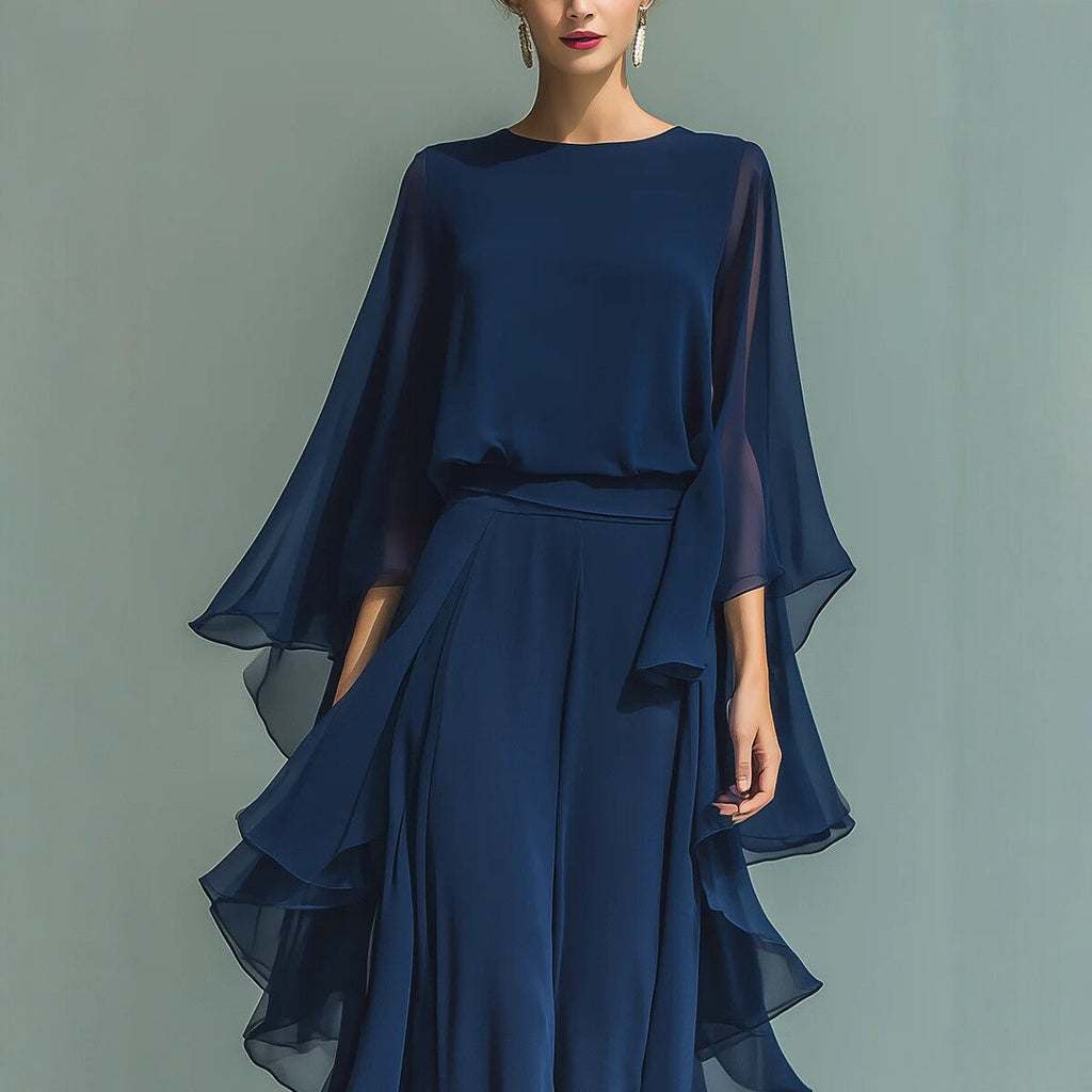 Deep Blue Ruffle Wide-Leg Pants Set – Elegant Two-Piece Batwing Sleeve Outfit for Women