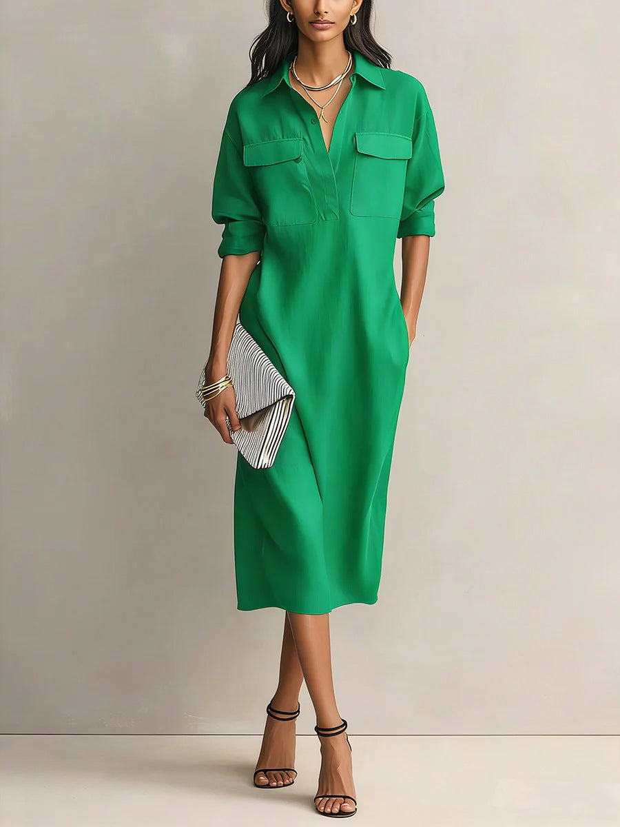 Women's Solid Color Pleated A-Line Midi Dress | Elegant Office Casual Shirt Collar Dress