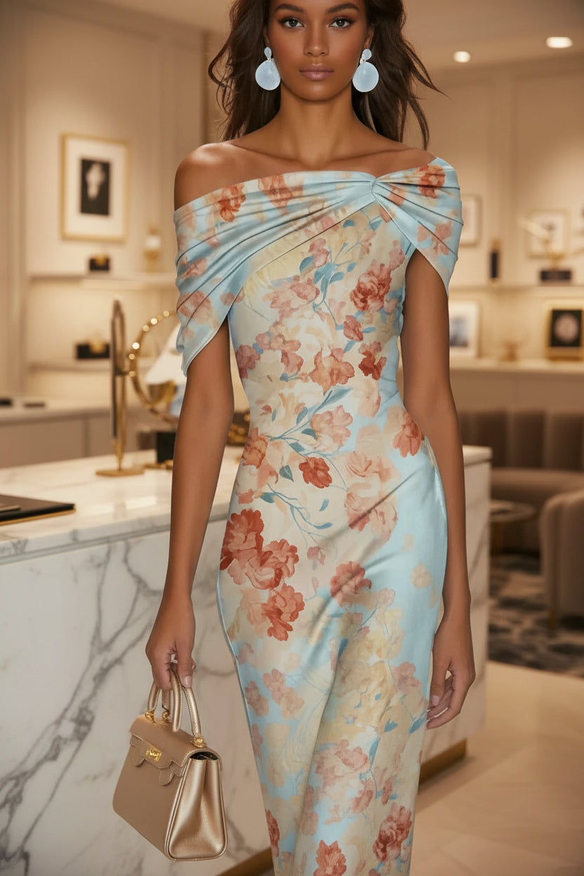 Women's Digital Print One-Shoulder Long Sleeve Floral Maxi Dress – Blue Floral