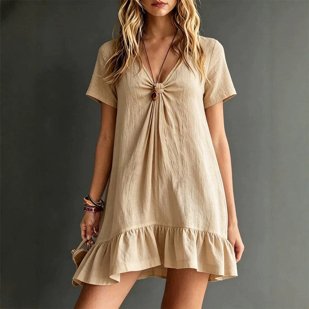 Women's V-Neck Short-Sleeve Midi Dress – Ice Silk Crepe Loose Casual