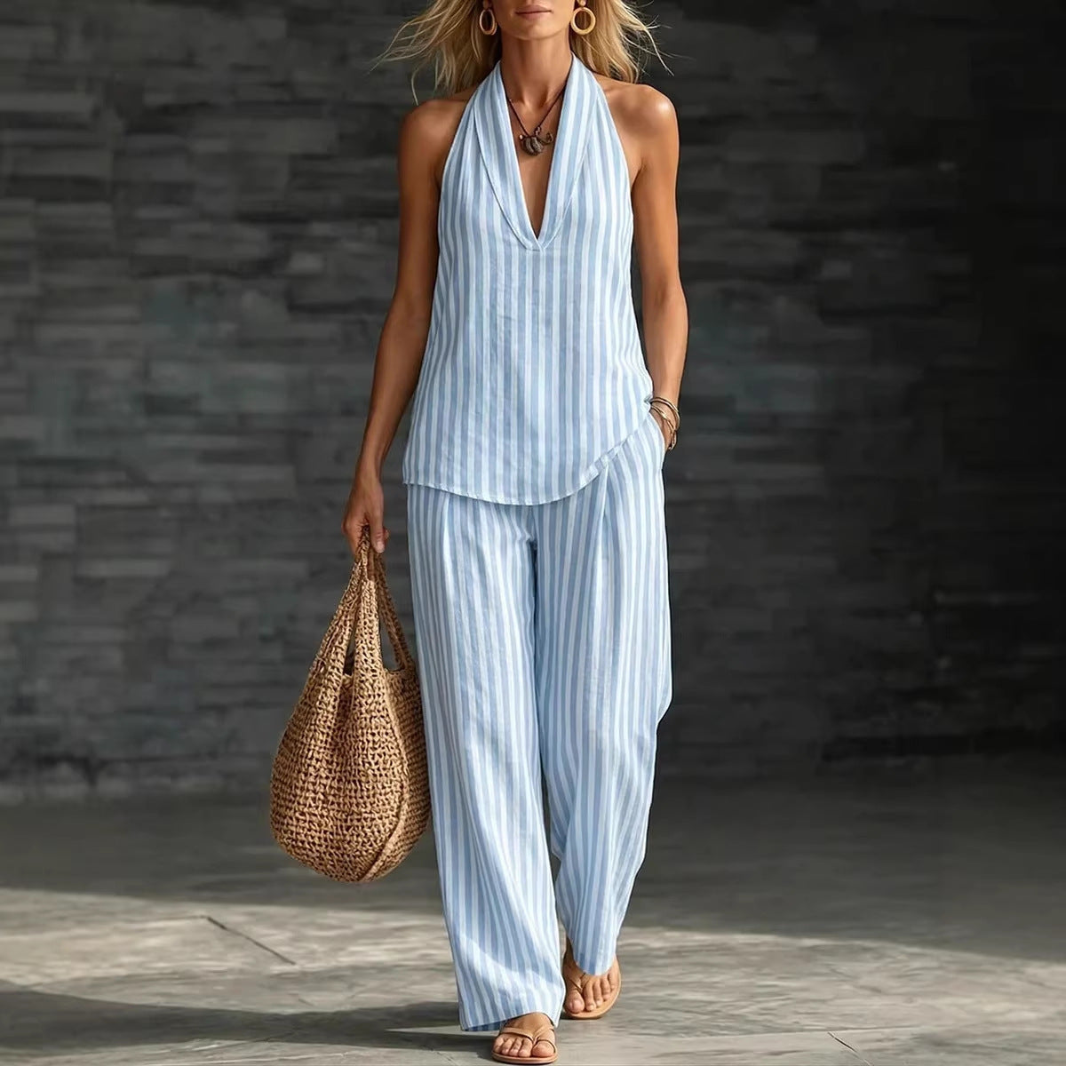Women's Striped Sleeveless Top & Wide-Leg Pants Set – Fashionable 2-Piece