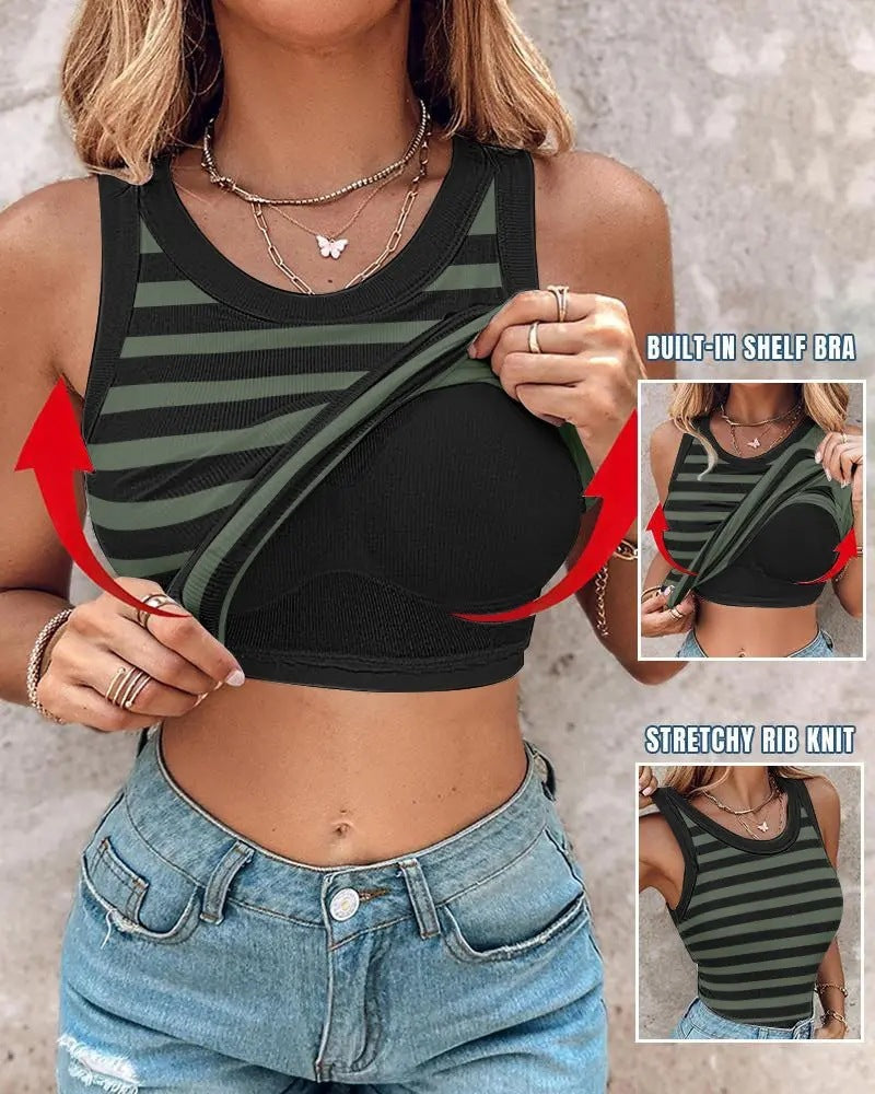 Women's Slim Striped Vest with Bralette – Chic Sleeveless Tank Top