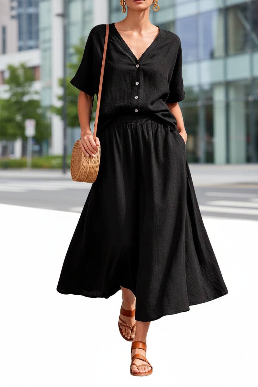 Women's V-Neck Button-Up Top & Long Skirt Set