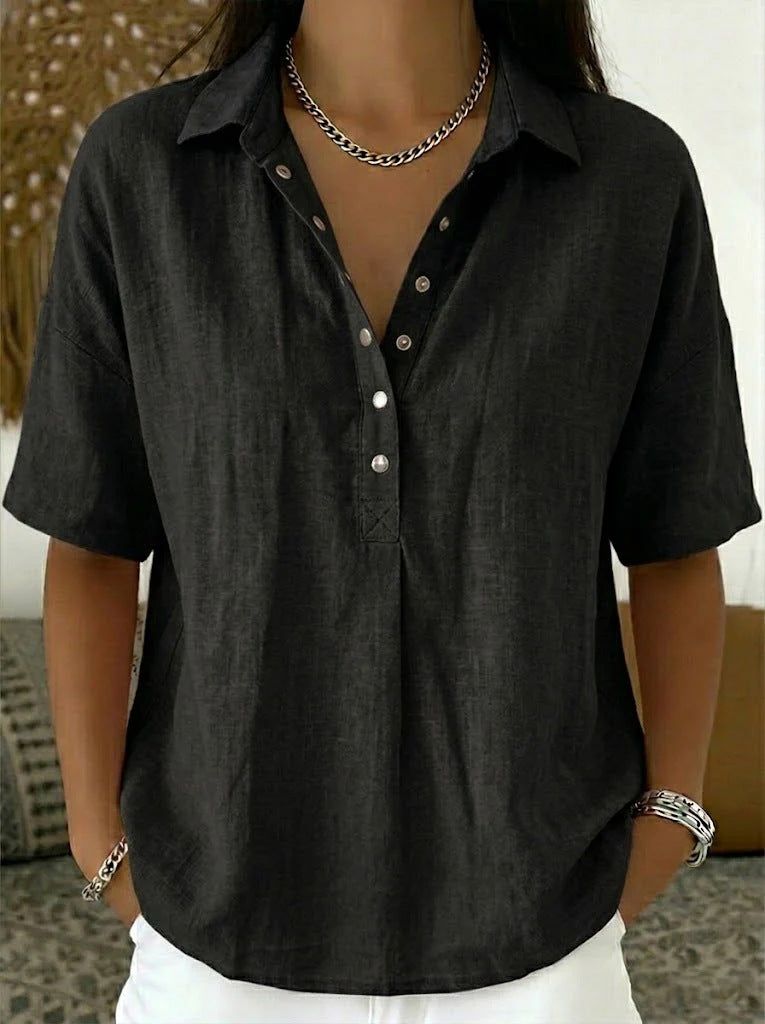 Short Sleeve Button Pullover Shirt – Solid Color Women’s Top