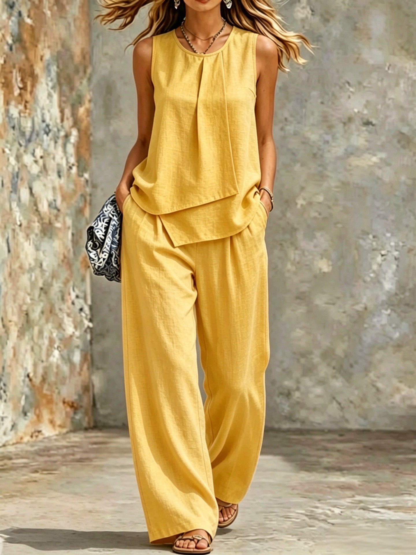 Women's Sleeveless Two-Piece Set – Solid Color Wide-Leg Pants & Top