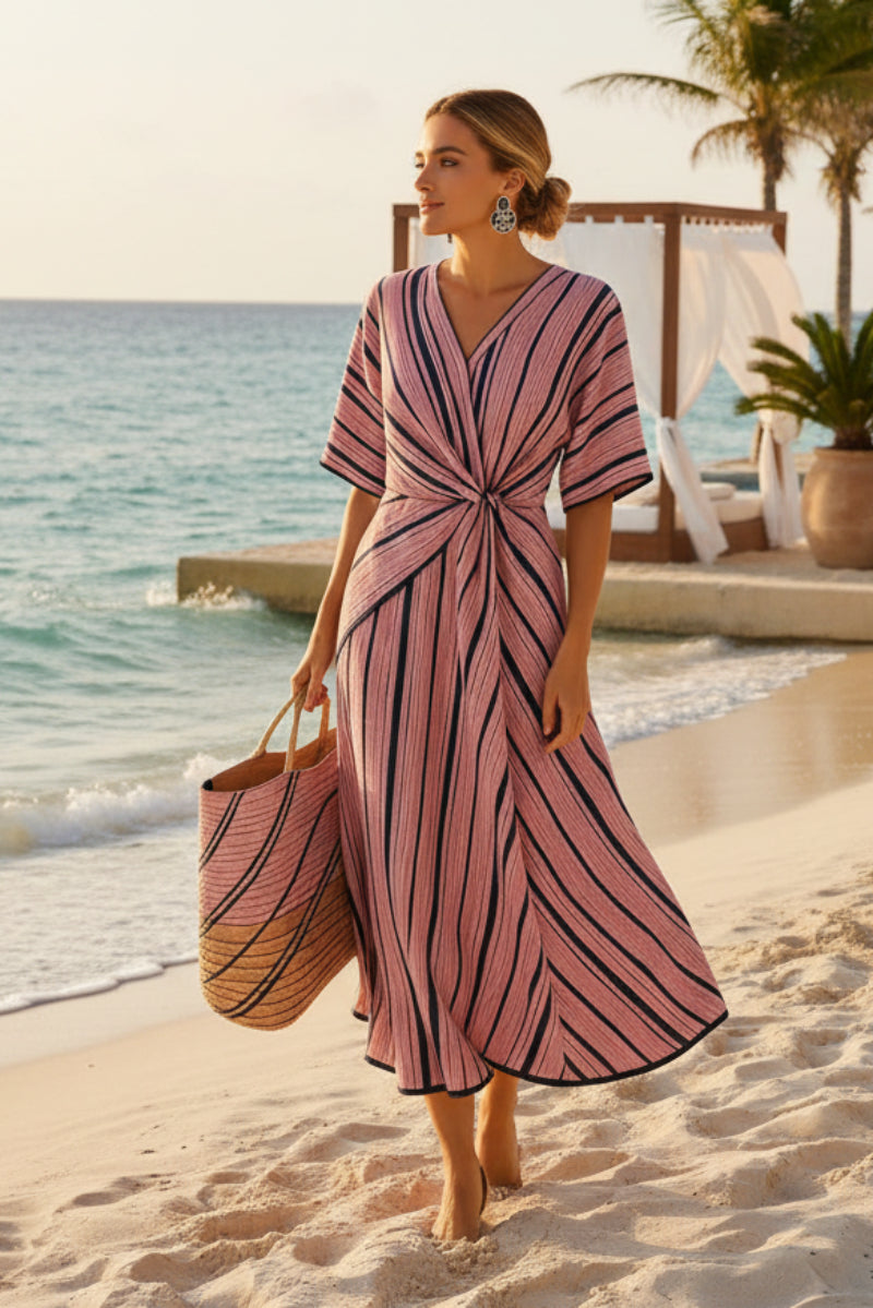 Striped Print Maxi Dress – Short Sleeve Beach Vacation Dress