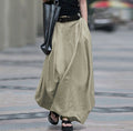 Women's High-Waist Flared Maxi Skirt – Solid Color Cotton Linen with Pockets